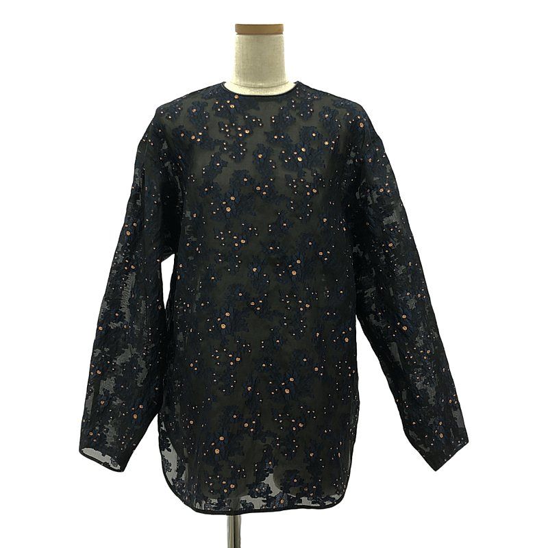【美品】  BLAMINK / ブラミンク | フラワー ジャガード シアー ブラウス | 36 | ブラック/ネイビー | レディース 美品】 BLAMINK / ブラミンク | フラワー ジャガード シアー ブラウス