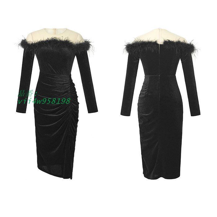 ベルベット膝丈タイトドレスワンピース 黒