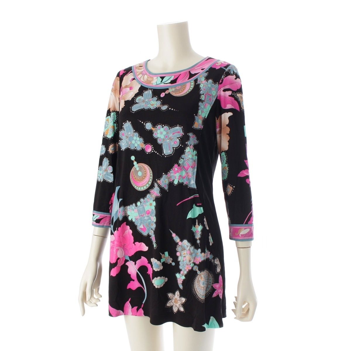 レオナール アセテート×ポリエステル カンカン フラワー 花柄 宝石 総柄 ワンピース ドレス 0199210 ブラック 38