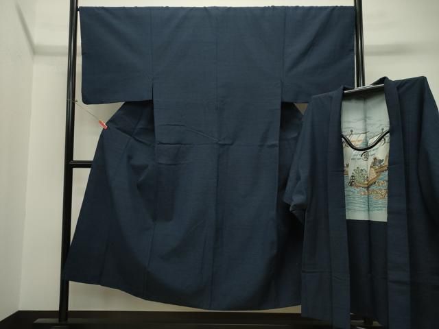 平和屋着物●男性 紬 アンサンブル 濃紺地 正絹 CAAT0563dy