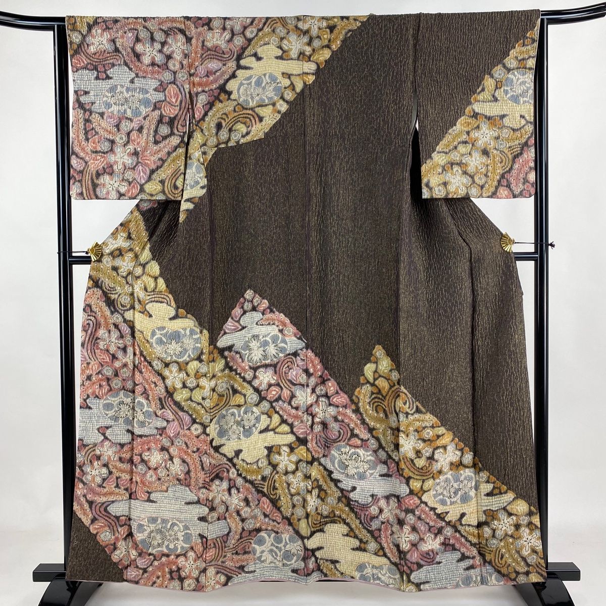 訪問着 身丈159.5cm 裄丈62cm S 袷 霞 草花 茶色 正絹 美品