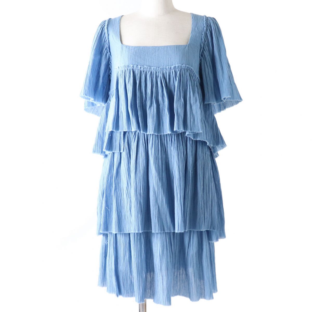 未使用◇定価245700円 SONIA RYKIEL ソニアリキエル OP RP LS0109／15301406 スクエアネック カットオフ ティアードワンピース ブルー 34 未使用品◇定価245700円 ソニアリキエル OP RP LS0109/15301406