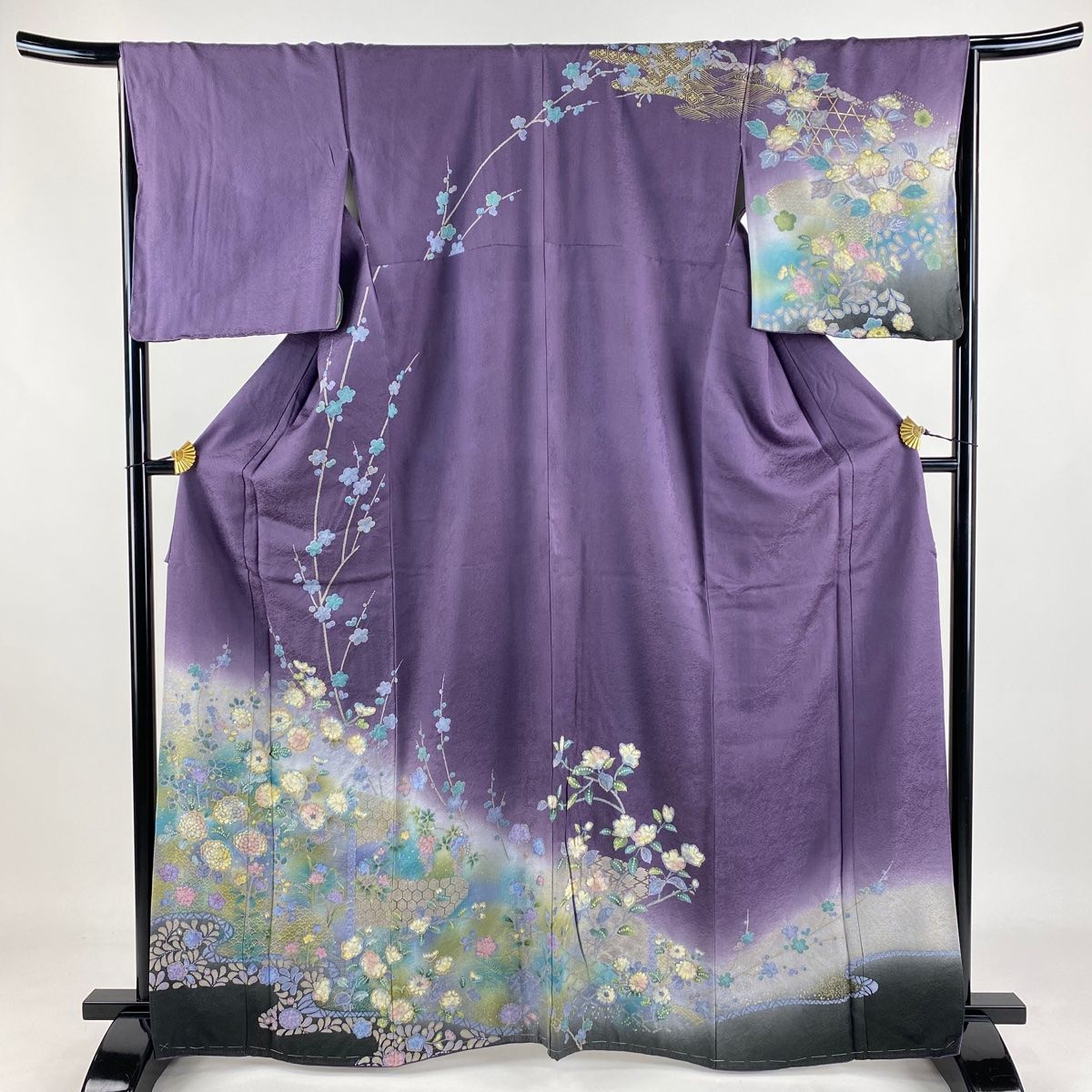 訪問着 身丈164.5cm 裄丈65.5cm M 袷 辻が花柄 青海波 金彩 ぼかし 紫 正絹 名品