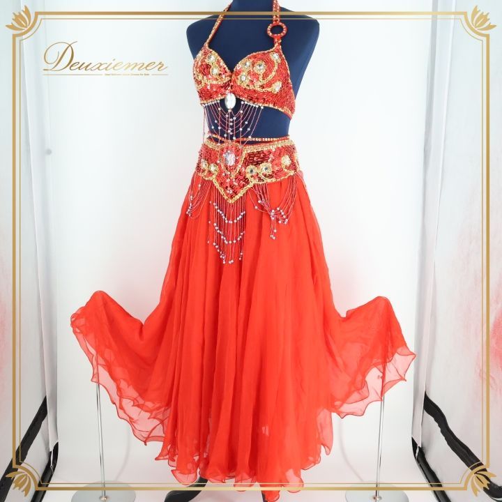 ベリーダンス オリエンタル 衣装 上下セット Garam garam ガラムガラム レッド系 赤 ゴールド系 ラインストーン ビーズ ラメ 発表会発表会用 衣装 セット トップス スカート ベルト ゴールド 赤