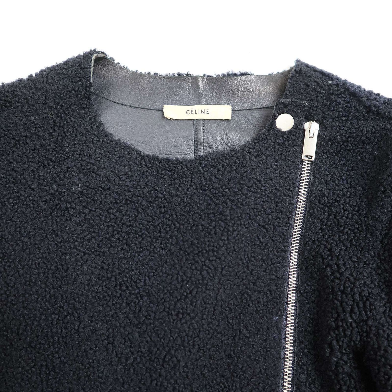 希少 CELINE セリーヌ by Phoebe Philo ムートン レザーライダースジャケット 2 5K10 5164 ネイビー 34