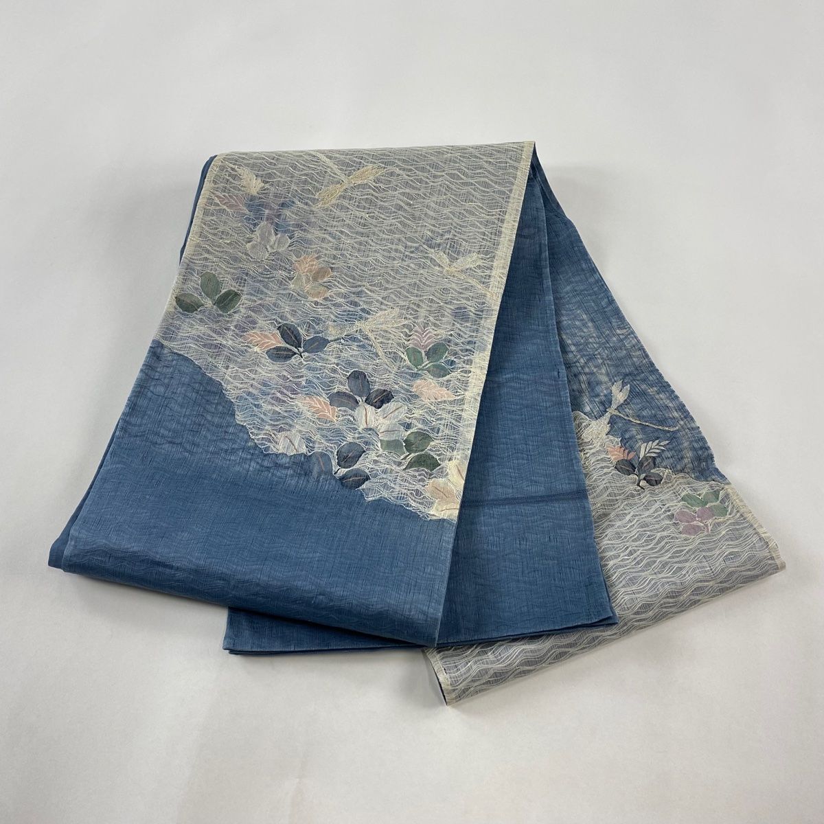 袋帯 秀品 夏帯 トンボ 葉柄 箔 刺繍 青灰色 お太鼓柄 正絹