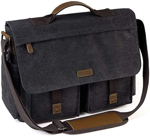 VASCHY メッセンジャーバッグ メンズ ビンテージ 防水 キャンバス サッチェル 14 15.6 17インチ ノートパソコン ブリーフケース A-15.6インチ-グレー One Size サッチェル