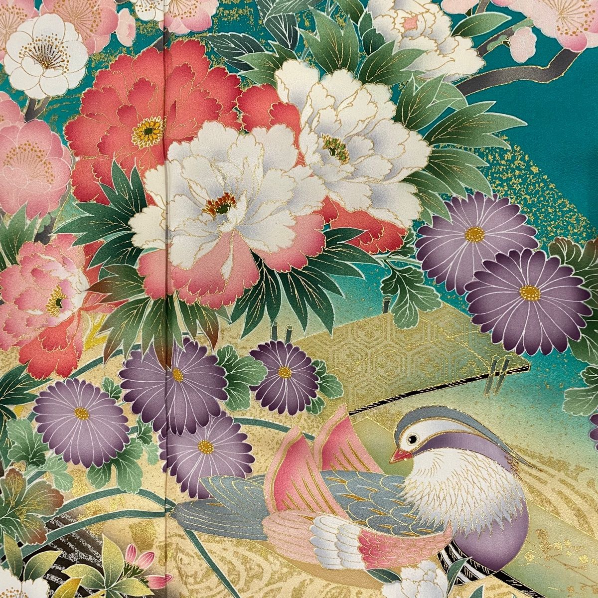 振袖 身丈168.5cm 裄丈70cm L 袷 草花 鴛鴦 金彩 刺繍 薄緑 正絹