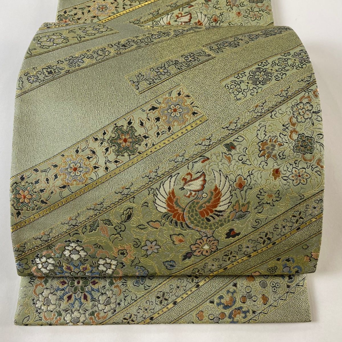 三眠蚕 袋帯 大華紋 鳳凰 鳥 金糸 正絹 六通 Q131 袋帯 美品 秀品 鳳凰 華文 刺繍 金糸 灰緑 六通 正絹 【中古