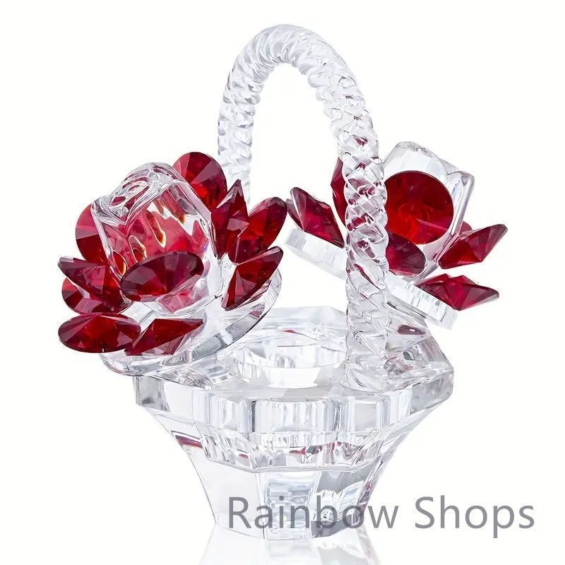 [美品]クリスタルガラス バスケット型装飾品 水晶造花 薔薇 円形 インテリア 置物 開運 K9 クリスタル