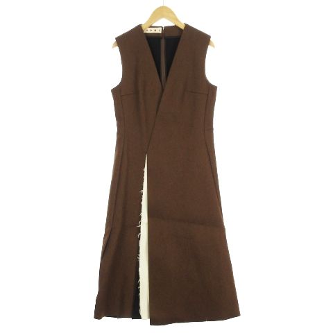 マルニ MARNI 15AW ワンピース ノースリーブ ロング Vネック スリットデザイン ウール混 茶 ブラウン 38