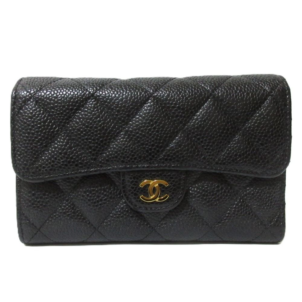 良品 CHANEL シャネル キャビアスキン マトラッセ クラシックミディアムフラップウォレット 三つ折り財布 AP0232 ブラック レディース 古着 中古 USED 良品 CHANEL シャネル キャビアスキン マトラッセ クラシック