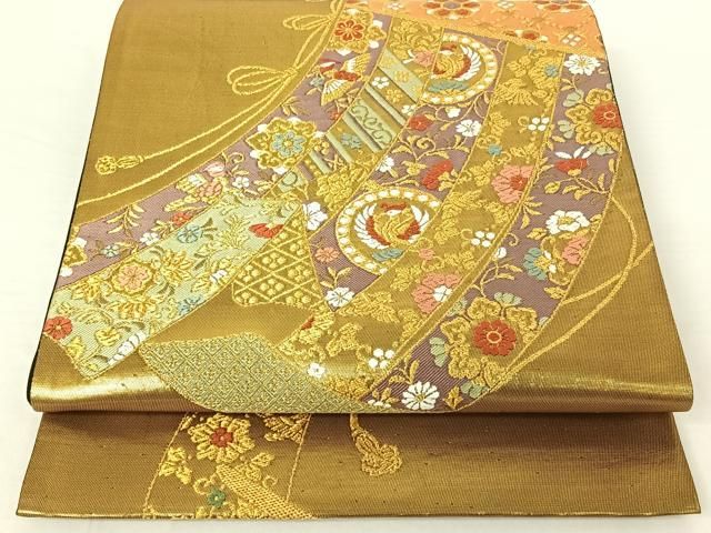 平和屋着物●両面　全通柄袋帯　霞文　金糸　正絹　逸品　未使用　DAAR0726fe 平和屋着物○両面 全通柄袋帯 霞文 金糸 正絹 逸品 未使用