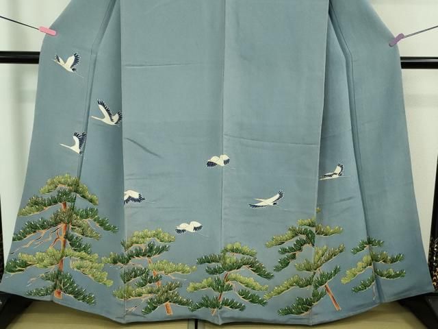 平和屋本店■極上　浦野理一　金彩友禅　色留袖　飛鶴松文　青藤色地　鬼しぼ縮緬　金彩　逸品　DZAA8441kh5 平和屋本店□極上 浦野理一 金彩友禅 色留袖 飛鶴松文 青藤色地 鬼しぼ