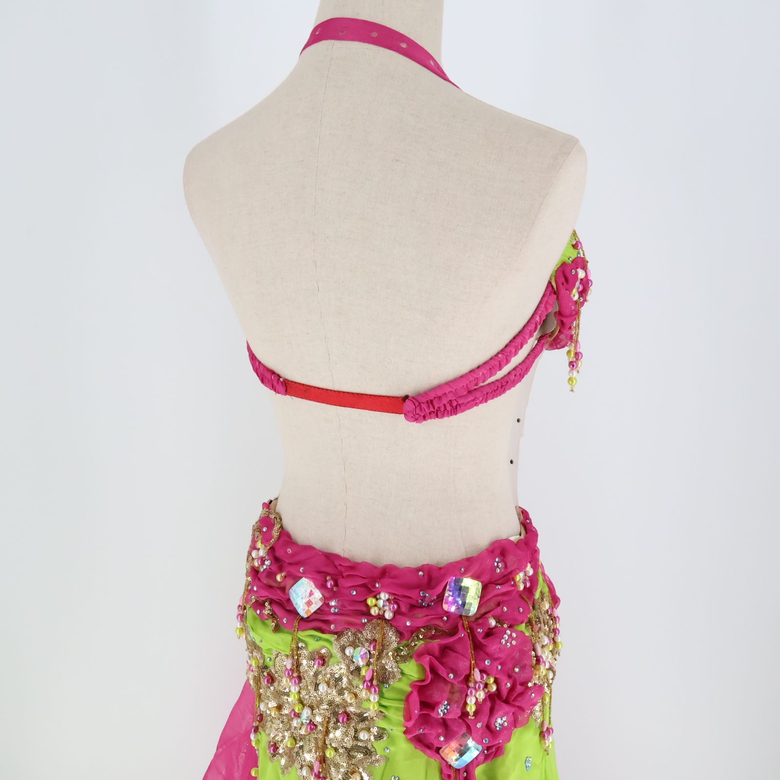 エジプト製 ベリーダンス用オリエンタル衣装】ピンク×黄緑 Hoyda 装飾