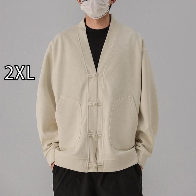 2XL 秋冬 コーデ メンズ 服 シンプル ファッション オシャレ 大人 かっこいい 大きいサイズ ストリート 紳士服 ワッフル カーディガン ジャケット レトロ バックル Vネック ジャケット トップス