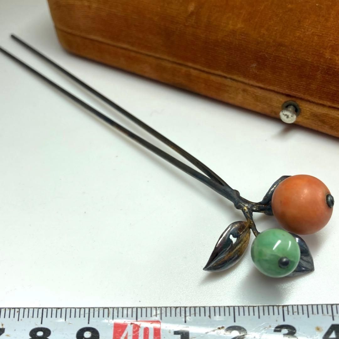 本赤珊瑚と翡翠 純銀簪 ケース付 14g 東Y5-0816 1Fトヒサ