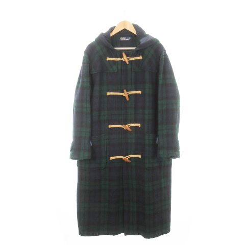 ポロ バイ ラルフローレン Polo by Ralph Lauren 90s ヴィンテージ ダッフルコート ロング ウール ブラックウォッチ チェック 総柄 L 紺 ネイビー |AH16 GY11