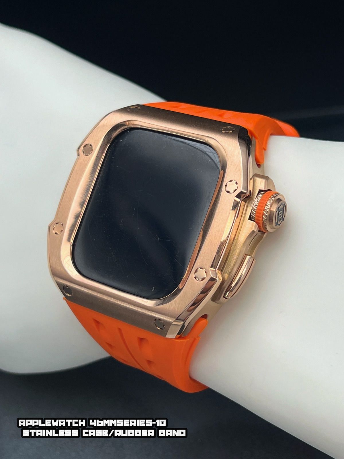 ローズ ステンレス ケース オレンジ ラバー ベルト アップルウォッチ