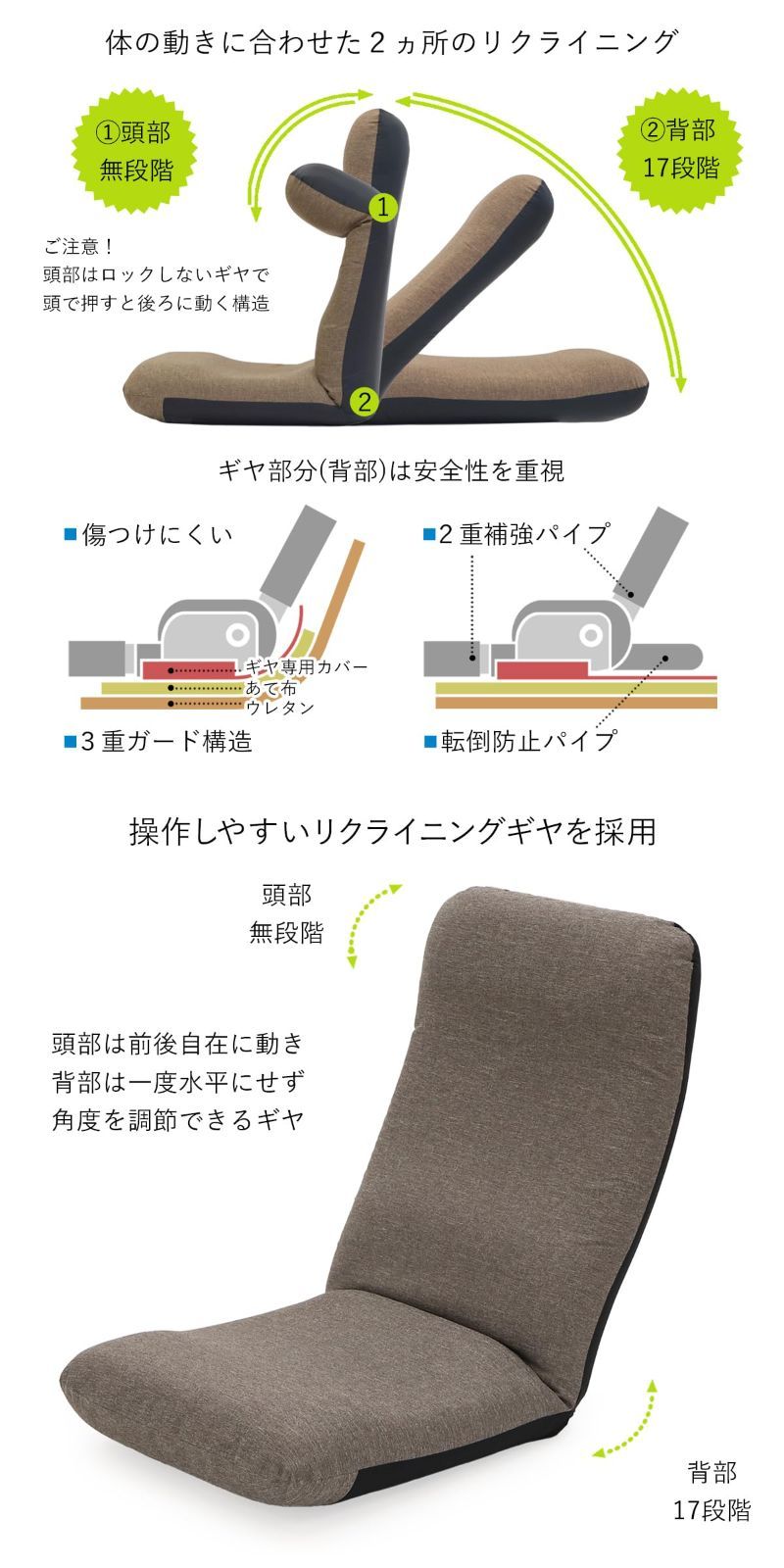 在庫 頭部 背部 2ヵ所リクライニング ハイバック グレー リラックス ヘッドリクライニング座椅子 しっかりウレタン 座椅子専科 MARWIL-DEMENAGEMENTS_CH