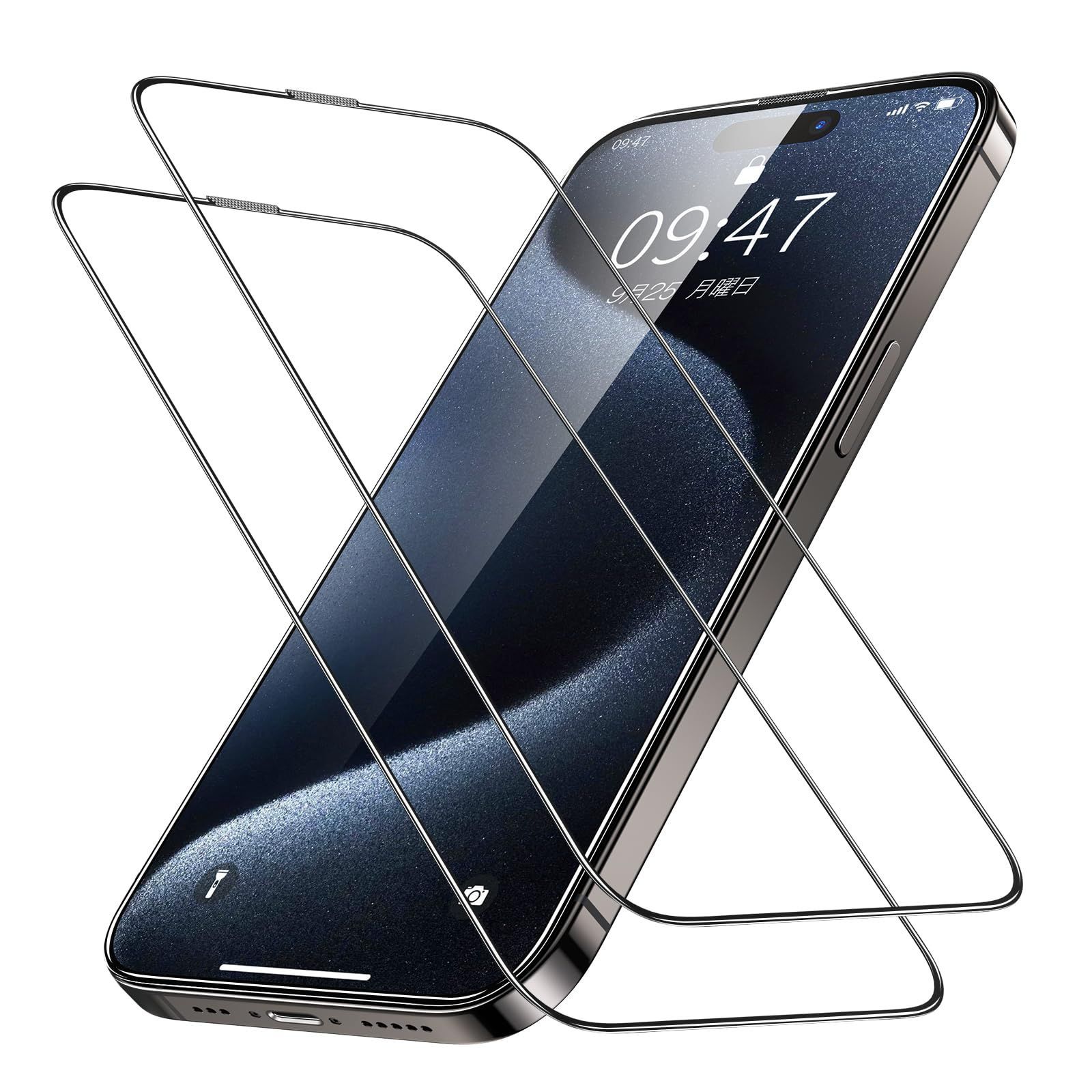 【軍用級全面保護】Gaseol iPhone 15 用 ガラスフィルム iPhone14Pro 用 ガラスフィルム 10H強化ガラス 2枚入り 液晶保護 黒縁 透明 ガイド枠付き 貼りやすい 独自防塵設計 指紋防止 気泡防止 飛散防