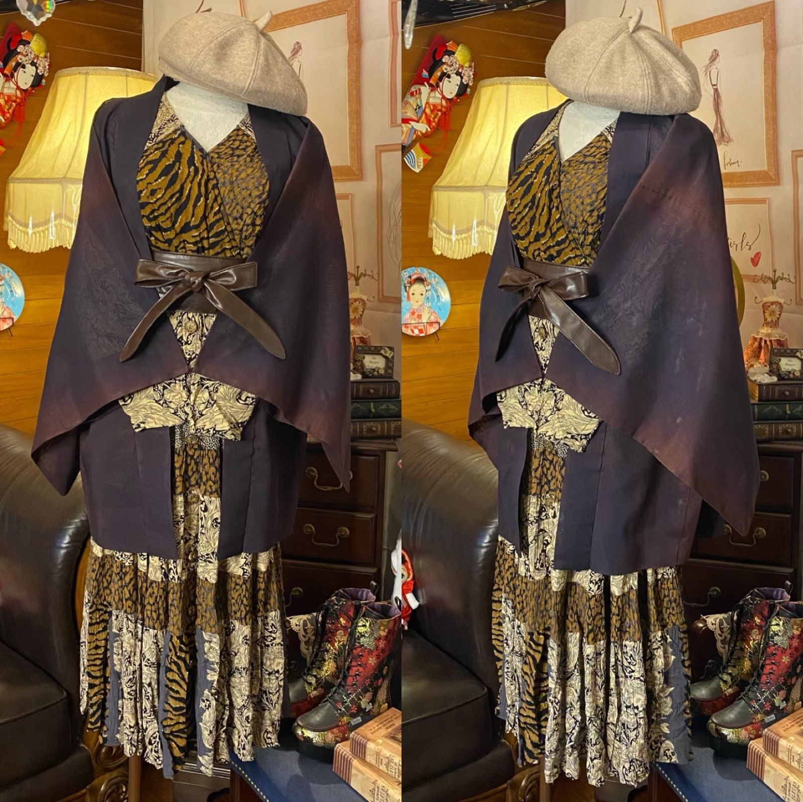 【ヴィンテージ】古着 羽織り 着物カーディガン モード 花柄 黒 赤 黄 レトロ ヴィンテージ】古着 羽織り 着物カーディガン モード 花柄 黒 赤 黄