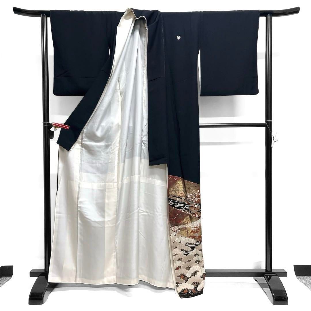 黒留袖 五つ紋 比翼付き 金彩 金駒刺繍 松 熨斗 巻物 花 着物 103b d