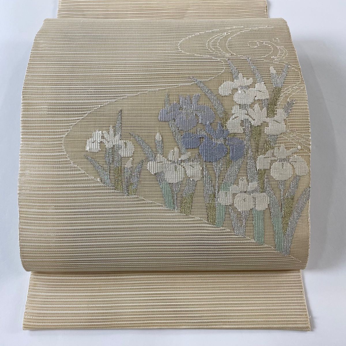 名古屋帯 秀品 夏帯 絽 草花 流水 金糸 薄緑 正絹 中古 名古屋帯