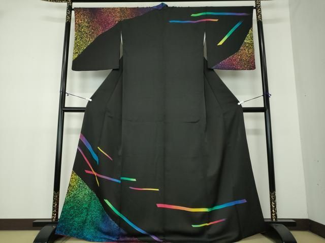 平和屋着物●染色作家　斉藤三才　訪問着　変わり間道　黒地　たたき染め　正絹　逸品　DAAY1765ps 平和屋着物○染色作家 斉藤三才 訪問着 変わり間道 黒地 たたき染め