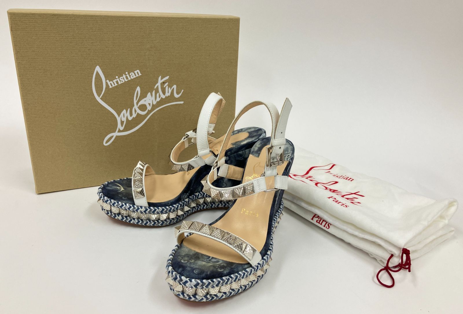 Christian Louboutin クリスチャン ルブタン ピラクルー 靴 ウェッジヒール ブルー ジーンズ スタッズ 箱 袋 付き