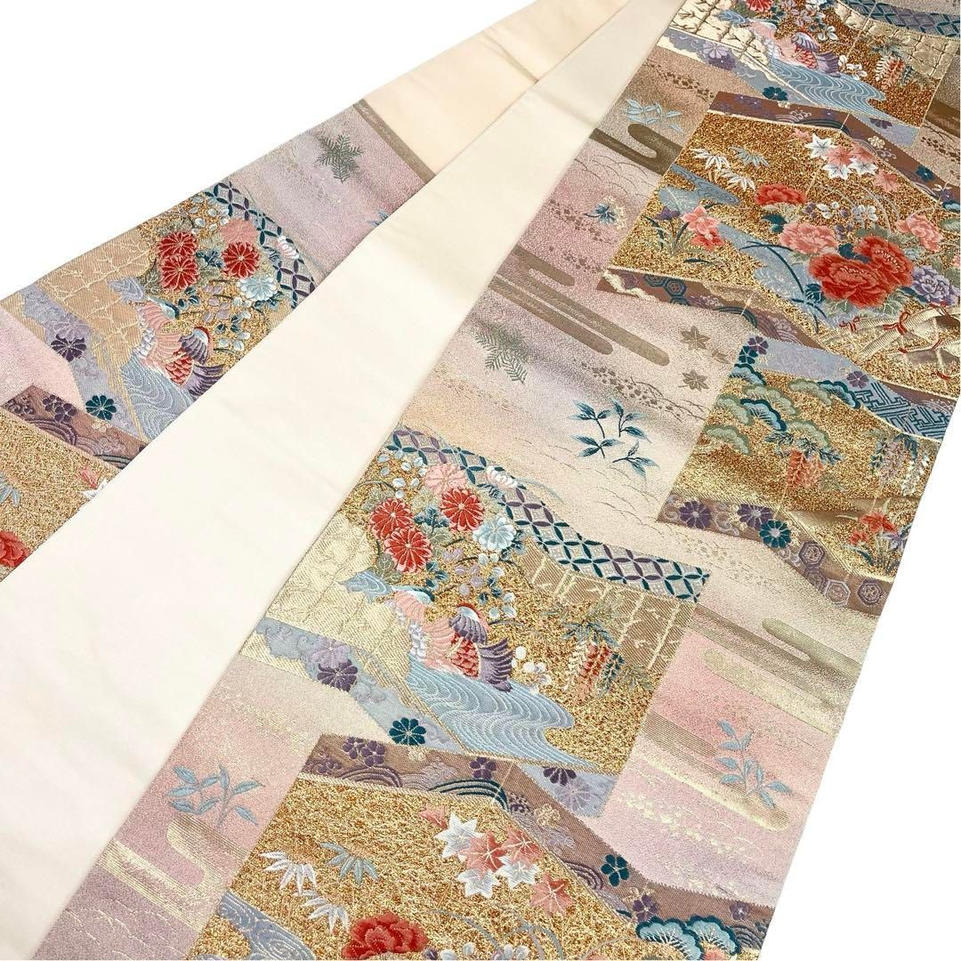 袋帯 屏風に美しい花模様 牡丹 菊 鴛鴦 金糸 薄曙色 O-3820 袋帯 屏風に美しい花模様 牡丹 菊 鴛鴦 金糸 薄曙色 O-3820