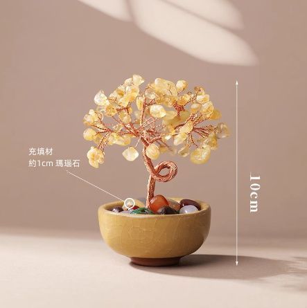 天然 水晶 シトリン チップ 招財樹 インテリア 卓上置物 鉢植え