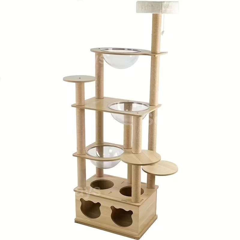 キャットタワー 猫タワー 木製 大型猫用 宇宙船ボウル3個 ナチュラル シンプル おしゃれ 可愛い インテリア 北欧 据え置き 多頭飼い 大きい隠れ家 展望台 おもちゃ 爪とぎ 運動不足解消 安定 スリム 省スペース 60×39.5×175cm