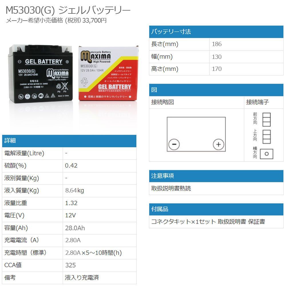 充電済み すぐ使える ジェルバッテリー 53030 61211459650(EXIDE) 互換