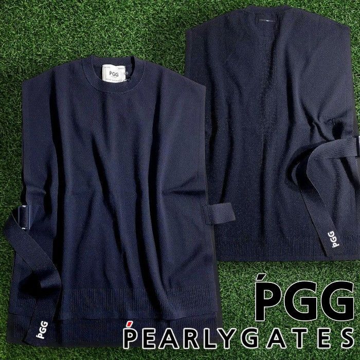 PGG by PEARLY GATES パーリーゲイツ ゴルフ ハイゲージニット サイドベルト 無地 クルーネック ノースリーブ ニットベスト カットソー ゴルフウェア 268-2273601 定価2.4万 ネイビーブラック M ▲027 50903w10