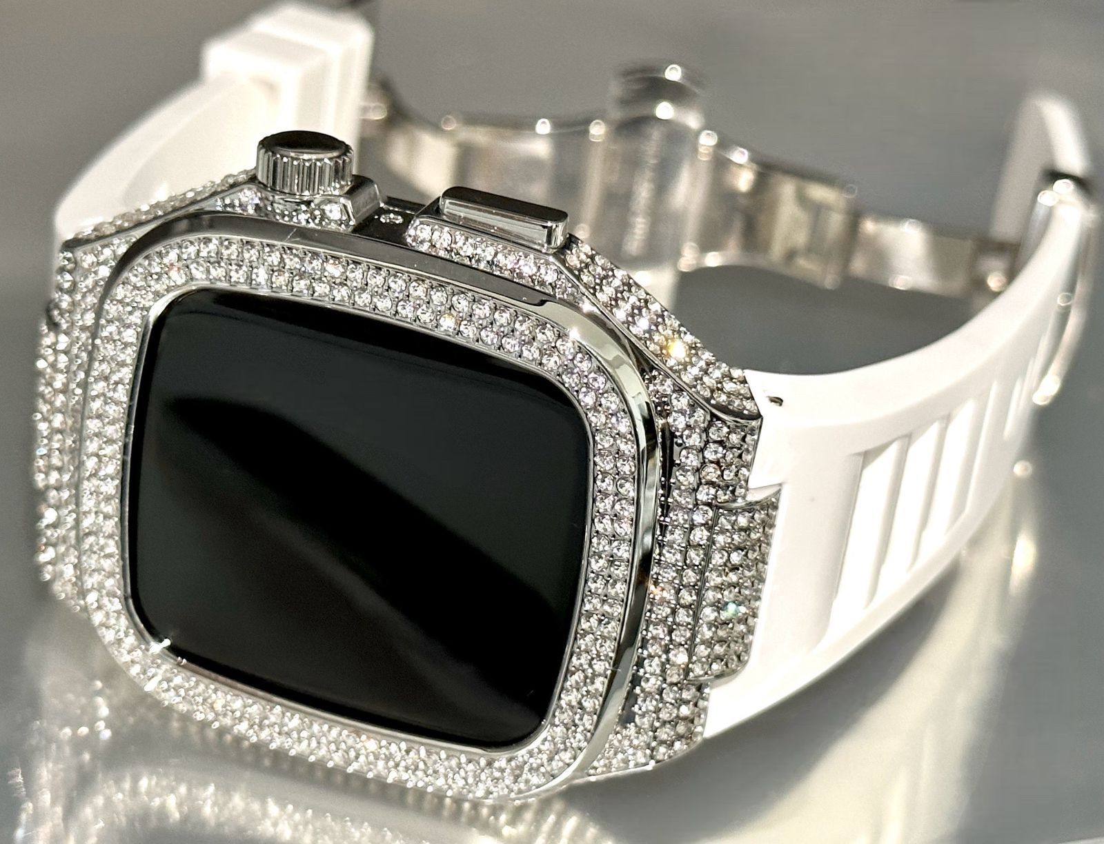 クリスタルシルバーS アップルウォッチバンド ラバーベルト ステンレス カバー Apple Watch ケース 44mm 45mm 4 5 6 7 8 se メンズ レディース スポーツ