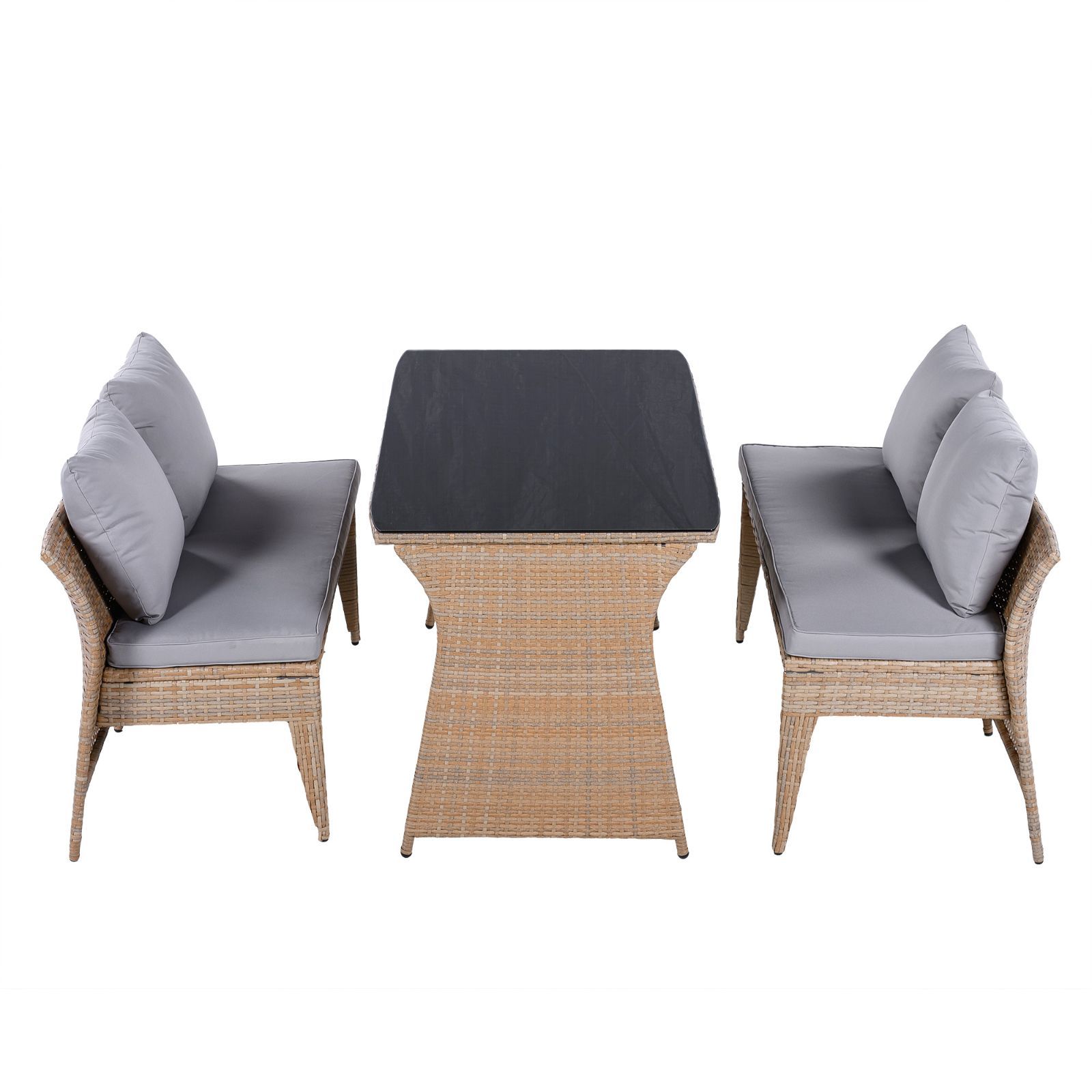 4人掛け ガーデンテーブル 3点セット ラタン調 ガーデンファニチャー 屋外家具 ソファ 撥水加工 クッション付き 北欧風 ベランダ テラス コンパクト収納 おしゃれ ライトブラウン グレー