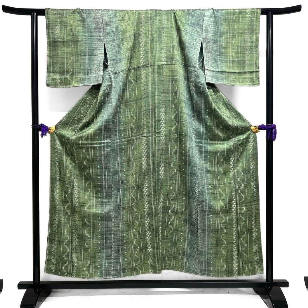 未着用 小紋 縦縞 亀甲 菱 絣 幾何学 グリーン 着物 103b d