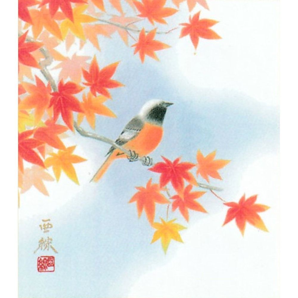 ☆ 林亜綜『紅葉・色紙(ナチュラル)』日本画・静物画 小鳥 花鳥・日本