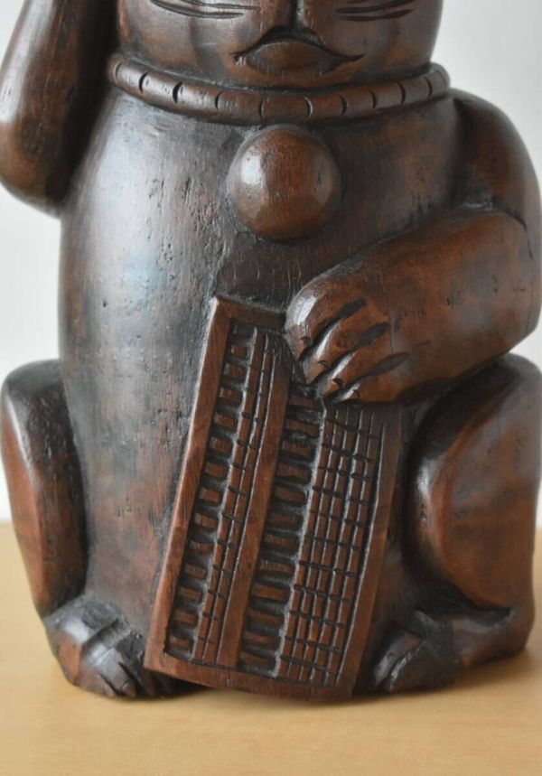 竹根彫刻 招き猫 大正?昭和前期 高さ28cm 算盤☆ 竹細工 木工