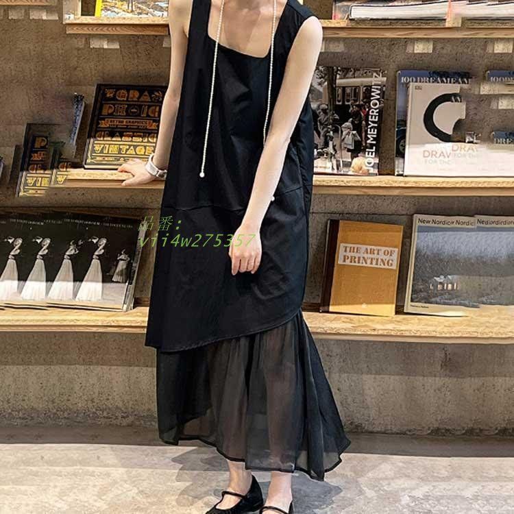 ワンピース ノースリーブ レディース 重ね着風 フ個性的 春 切り替え 夏 レイヤード ロング丈 体型カバー 重ね着