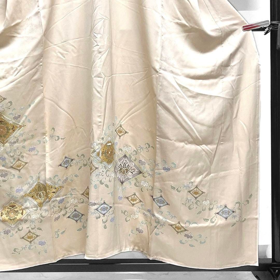 色留袖 金駒刺繍 菱 菊 桐の花 三つ紋 比翼付き 金彩 着物 053a