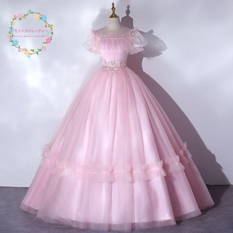 パーティードレス プリンセスラインドレス ピンク ドレス 結婚式 成人式 発表会 演奏会 パフスリーブ コンサート コンクール お誕生日 イブニングドレスsjk