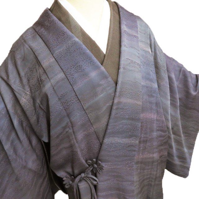 コート 道中着 着物 正絹 リバーシブル 暈し 地模様 葡萄鼠色 多色 黒色 身丈101.5cm 裄65cm きもの北條 A1282-4