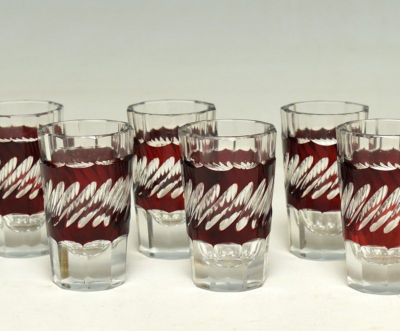 蔵A3613d 三越製 切子 色被せ硝子 ショットグラス 六客