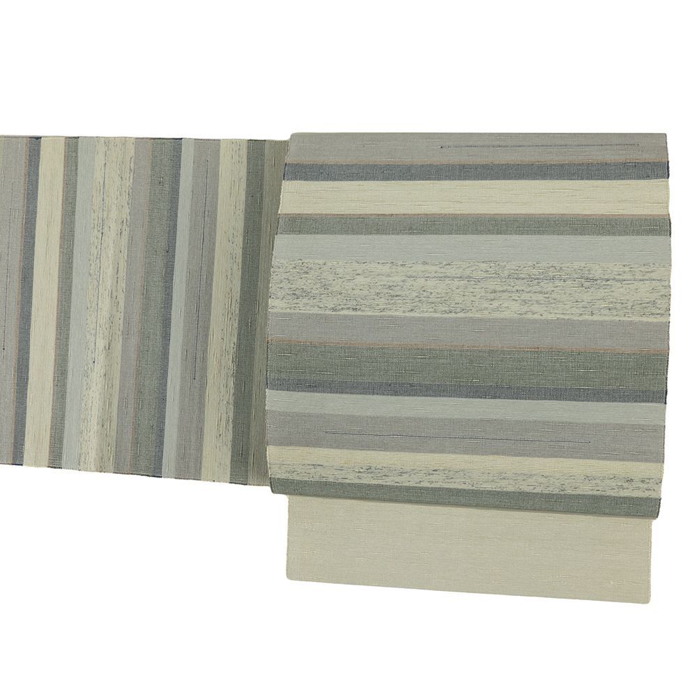 名古屋帯 米沢紬 正絹 横段 グレー 緑 仕立て上がり リサイクル カジュアル お洒落 八寸 No.i6-2355