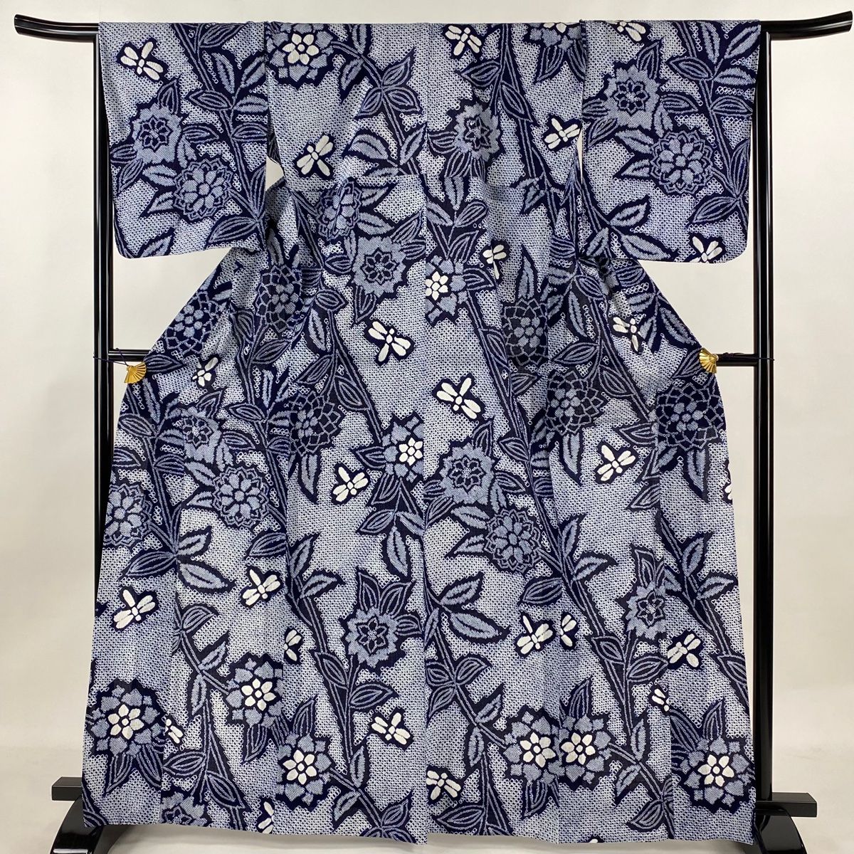 浴衣 身丈166cm 裄丈67.5cm L 絞り浴衣 トンボ 草花 濃紺 綿 名品
