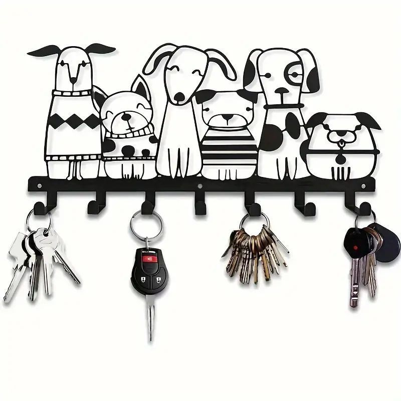 犬のデザインキーラックウォールマウント式キーホルダー、犬のデザイン、装飾的なメタル製キーホルダー、ブラック、オフィス、廊下、玄関用のフック付きウォールマウント式キーラック