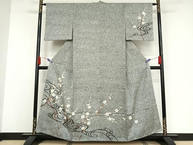 平和屋着物○訪問着 作家物 枝梅文 たたき染め 黒地 金彩 正絹