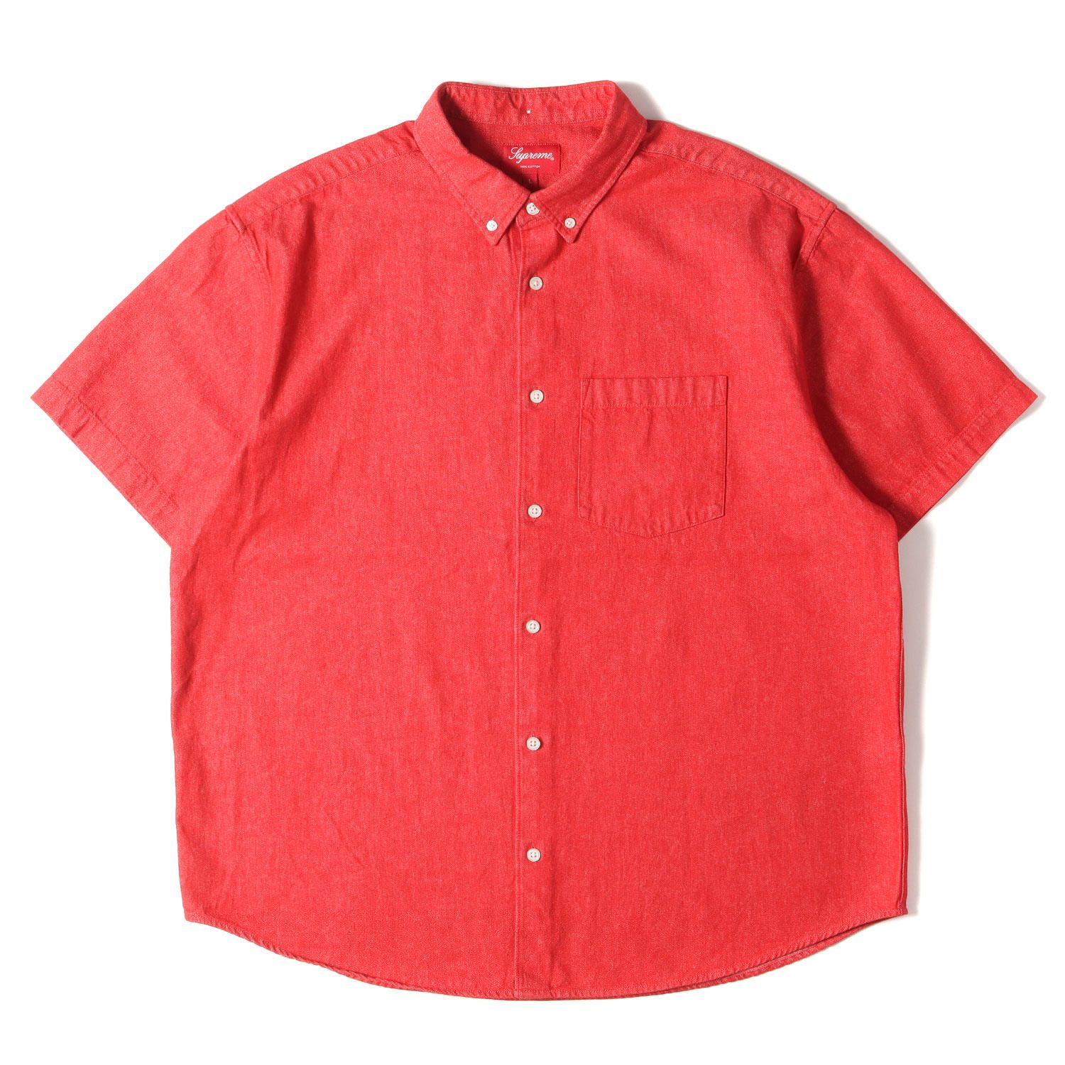 Supreme シュプリーム シャツ サイズ:L 21SS エンボスロゴ デニム ボタンダウン 半袖 シャツ Embossed Denim S/S  Shirt レッド 赤 トップス カジュアルシャツ コットン ストリート ブランド